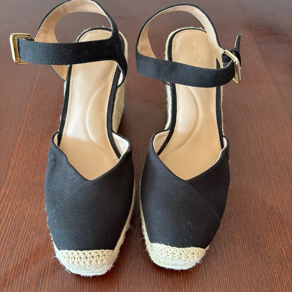 Time And Tru Women's Square Toe Black Espadrille Wedge Heels Size 8